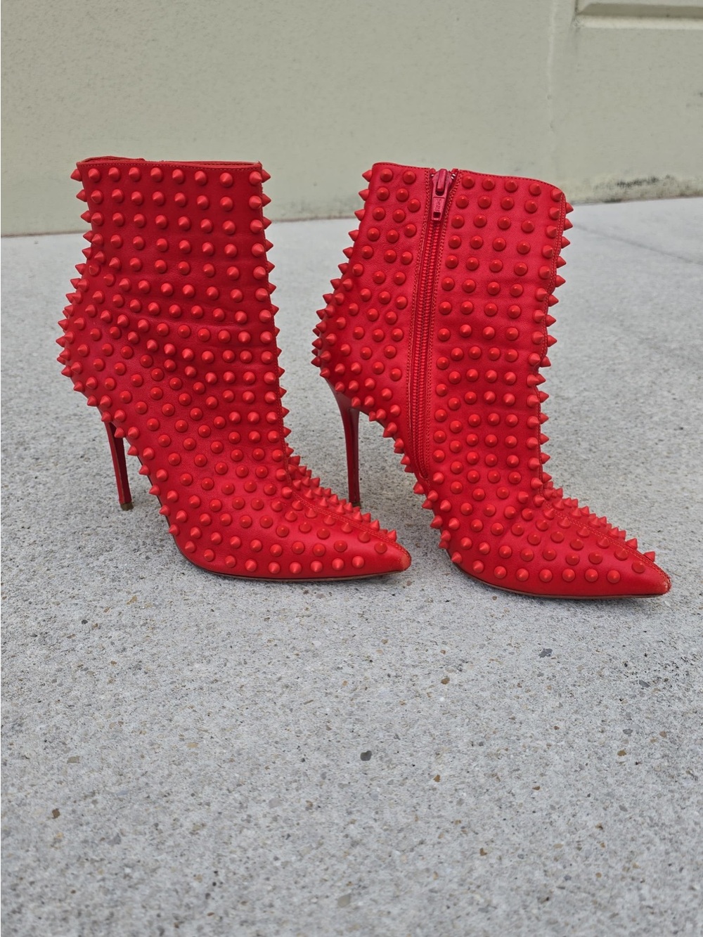 Christian Louboutin Red Spiked Pointed-Toe Stiletto Ankle Boots 36